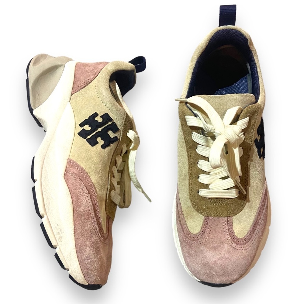 Tory Burch Pink, Tan & Cream Suede Colorblock Lace-Up Sneakers